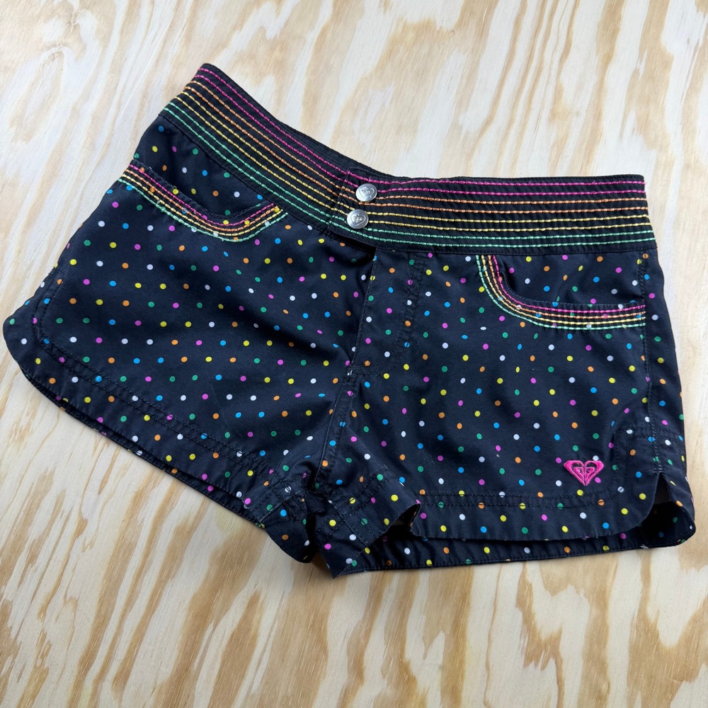 Y2K Roxy Board Shorts Womens 6 Black Rainbow Polka Dot Swim Shorts Beach Wear